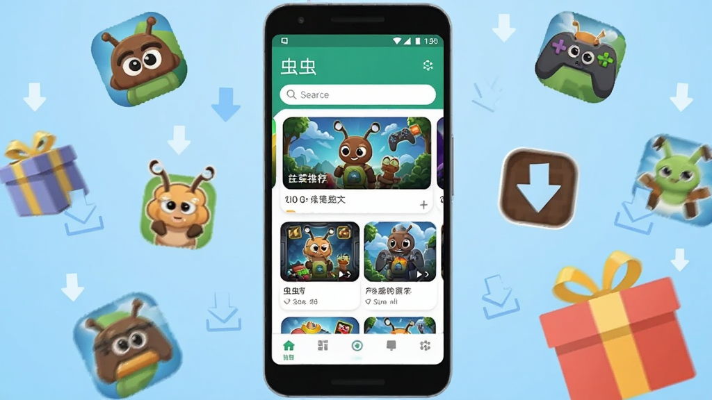 ��������չʾһ����׿�ֻ����ֻ���Ļ��ʾ����桱Ӧ�������棬���������Ϸ�Ƽ���Ƭ��������͵ײ����������ֻ���Χ��������Ϸͼ�ꡢ���ؼ�ͷ��������ţ����ñ�ƽ���廭��񣬱���Ϊǳ��ɫ���䣬���岼�ּ�����죬���������ɾ����޶���Ԫ�ء�
