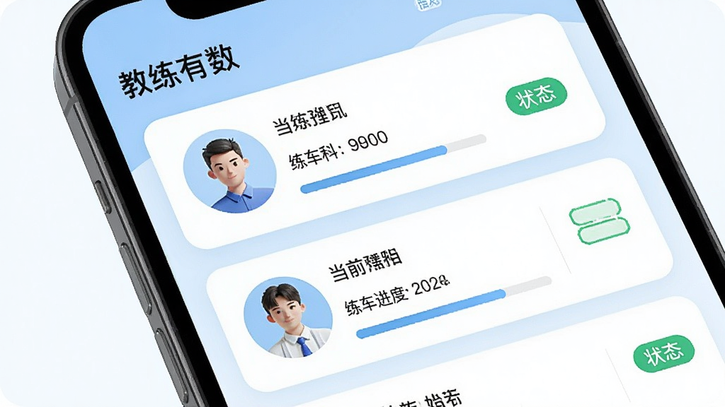 手机屏幕特写,展示“教练有数”软件的学员档案管理页面,页面中排列着多位学员的卡片式信息,每张卡片包含头像、姓名、当前科目、练车进度条,右侧有状态标签,界面采用圆角卡片设计,浅蓝色调,布局整齐,风格简洁现代,画质清晰,无杂乱元素