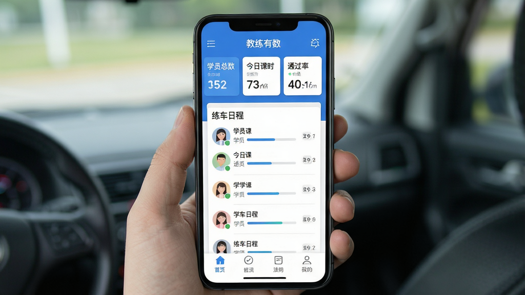 一部智能手机竖屏展示驾培教练管理应用界面,主屏幕为“教练有数”软件首页,页面上方有学员总数、今日课时、通过率三个数据卡片,中部为学员列表和练车日程表,底部为功能导航栏,整体布局清晰,采用蓝白配色,扁平化UI设计风格,细节包括图标、头像、进度条,画质高清,界面干净,无多余元素