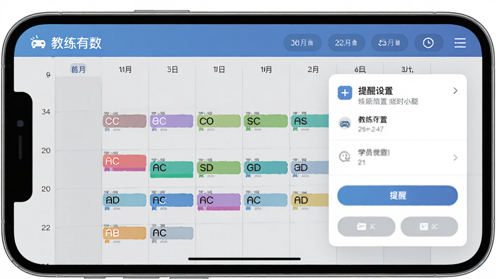一部手机横屏展示“教练有数”软件的日程管理界面,日历网格中标注了不同颜色的练车时段,每个时段旁有学员姓名缩写,右侧弹出提醒设置窗口,界面采用扁平化风格,配色为蓝灰搭配,布局疏朗,细节包括时间轴、图标、按钮,画质高清,干净整洁