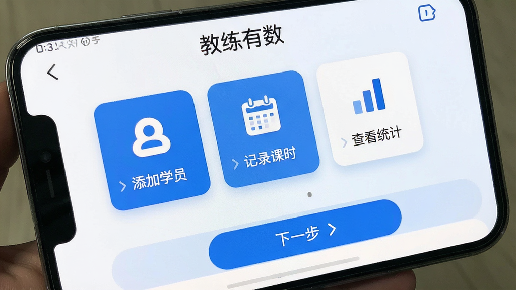 手机屏幕截图风格,展示“教练有数”软件的新手引导页面,页面上有步骤提示卡片,包含“添加学员”“记录课时”“查看统计”三个图标,底部有“下一步”按钮,界面为浅色背景,蓝色主色调,布局简洁,风格友好,画质清晰,无多余元素