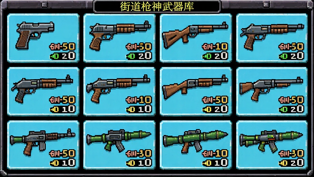 街机枪神武器库界面,展示手枪步枪霰弹枪机枪火箭筒等多款像素风格武器整齐排列,每把武器旁边标注伤害射速等属性数值,界面风格为复古像素游戏菜单,布局为网格状武器展示柜,色彩丰富,画质干净无多余元素