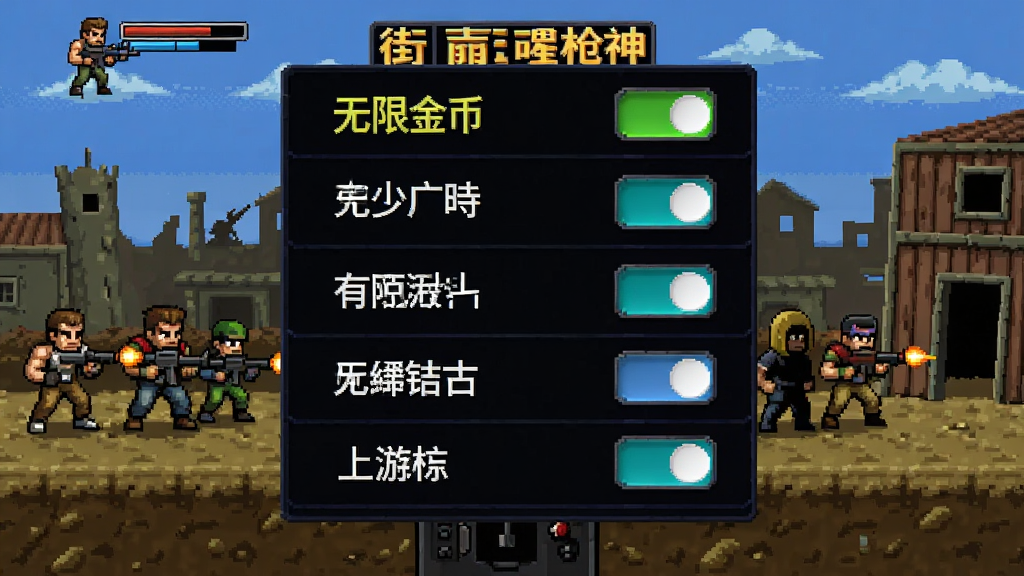 街机枪神内置菜单界面截图,画面中央为中文选项列表包含无限金币无限钻石免广告等开关按钮,背景为游戏主菜单的像素战场画面,界面简洁直观,风格为复古像素游戏UI,布局为垂直列表式菜单,色彩以深色底配亮色按钮为主,画质干净无多余元素