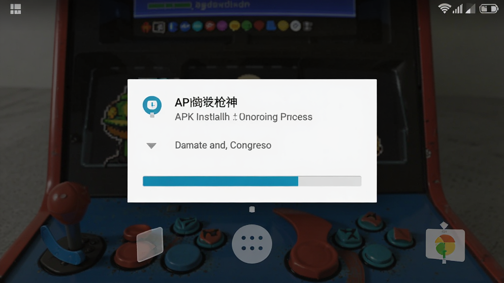街机枪神安卓手机安装界面截图,展示APK安装过程中的权限确认弹窗和安装进度条,背景为手机桌面,界面清晰,风格为安卓系统原生安装UI,布局为居中弹窗式,色彩以白色和蓝色为主,画质干净无多余元素