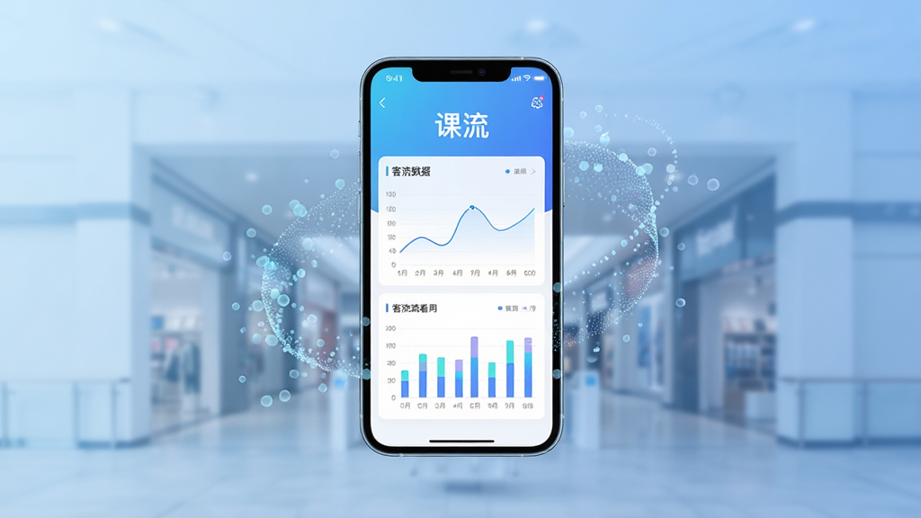 主体为一个现代商场入口场景,正中央悬浮着一部智能手机,手机屏幕上显示着
