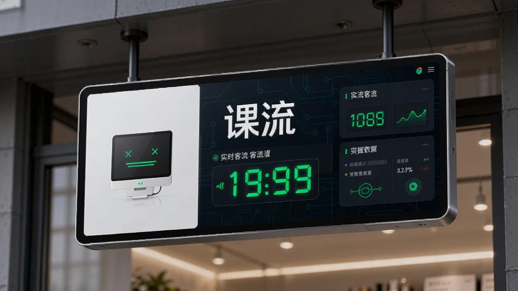 主体为一块智能显示屏悬挂在店铺入口上方,屏幕上显示