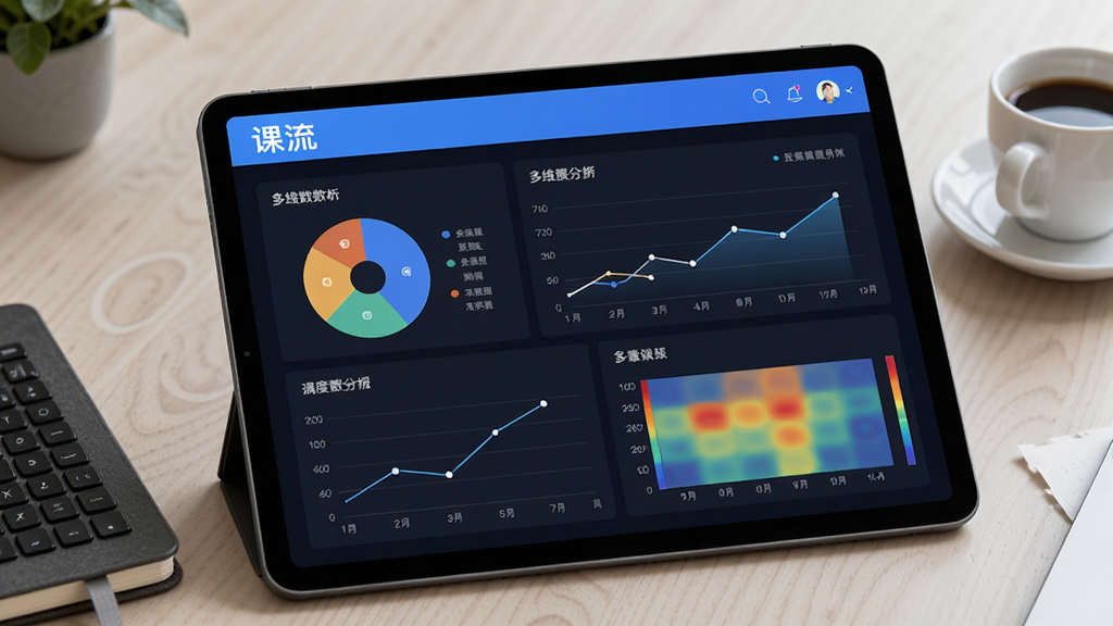 主体为一部平板电脑放置在办公桌面上,屏幕中展示