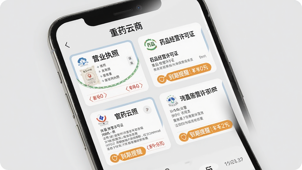 手机界面展示“重药云商”资质管理页面,包含营业执照、药品经营许可证等证照卡片和到期提醒标签,背景为浅灰色,风格严谨专业,画质清晰,干净,无多余元素