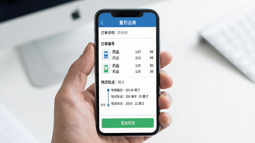 手机屏幕显示“重药云商”订单详情页面,包含订单编号、药品清单、物流轨迹时间轴和签收状态,界面配色为蓝白商务风,布局规整,画质清晰,干净,无多余元素
