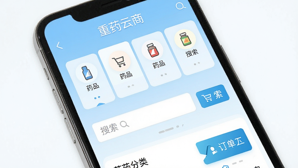 一张手机屏幕展示“重药云商”APP首页界面,画面中央是药品分类导航和搜索框,背景为浅蓝色渐变,整体风格简洁商务,布局清晰,细节包括药品图标、购物车按钮、订单入口,画质清晰,干净,无多余元素