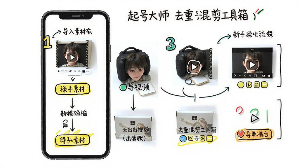 起号大师去重混剪工具箱新手操作步骤示意图,主体为手机屏幕展示从导入素材到导出视频的完整流程,布局为四步纵向排列,排版简洁清晰,风格为手绘教程风,细节包含步骤编号、箭头指引、操作按钮高亮,画质高清,干净,无多余元素
