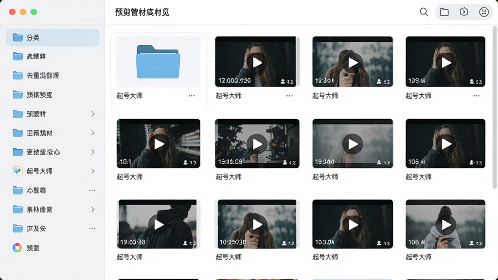 起号大师去重混剪工具箱素材管理预览界面,主体为软件素材库面板,布局为左侧分类标签、右侧缩略图预览区,排版层次分明,风格为清新浅色风,细节包含文件夹图标、视频时长标注、预览播放按钮,画质高清,干净,无多余元素