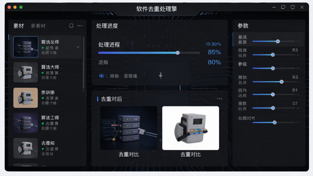 起号大师去重混剪工具箱智能去重算法引擎示意图,主体为软件去重处理界面,布局为左侧素材列表、中间处理进度、右侧参数调节面板,排版对称工整,风格为深色科技风,细节包含算法标签、处理百分比、去重前后对比缩略图,画质高清,干净,无多余元素