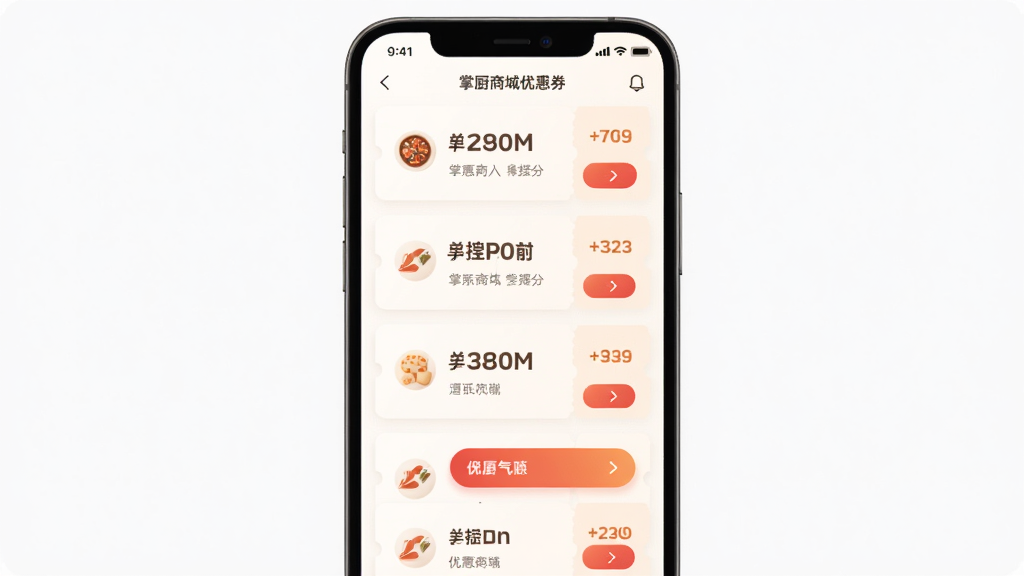 掌厨商城优惠券领取页面的预览图,主体为手机屏幕,屏幕内显示多张不同面额的优惠券卡片,布局为纵向列表,排版整齐,风格柔和圆角,细节上带有红色与橙色渐变按钮,画质清晰,画面干净,无多余元素