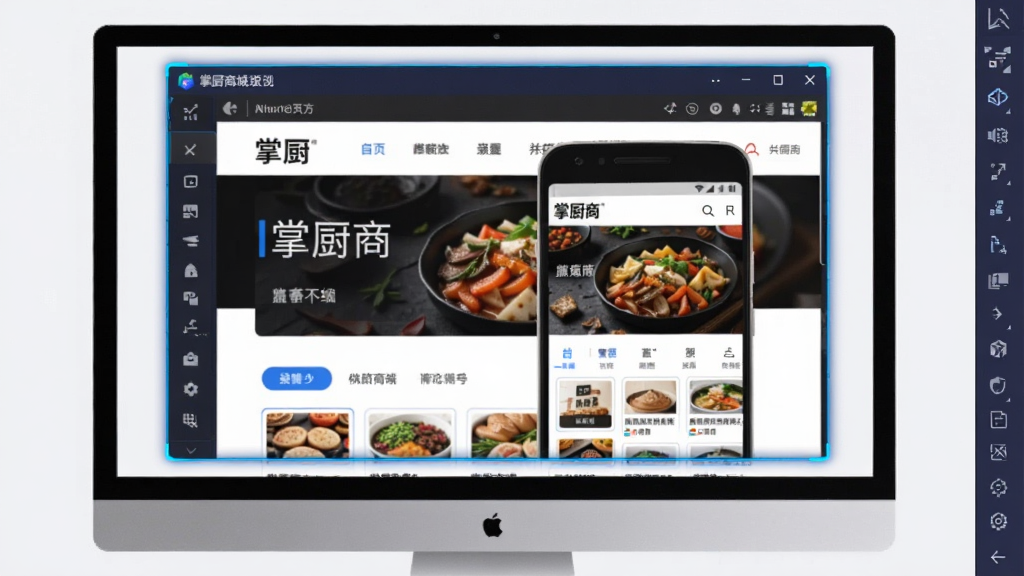 掌厨商城在安卓模拟器中运行的预览图,主体为电脑屏幕,屏幕内显示安卓模拟器窗口与掌厨商城首页,布局为模拟器侧边工具栏与手机界面并排,排版整洁,风格科技简约,细节上带有蓝色高光边框,画质高清,画面干净,无多余元素