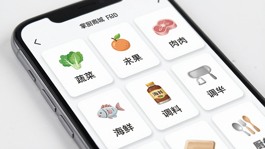 掌厨商城应用内商品分类页面的预览图,主体为手机屏幕特写,布局展示多个商品分类卡片,包含蔬菜、水果、肉类、海鲜、调料、厨具等图标与文字,排版整齐,风格清新浅色,细节上每个卡片带有微阴影,画质清晰,画面干净,无多余元素
