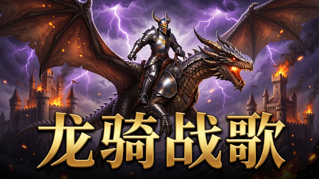 一幅魔幻风格的游戏宣传图,主体是一位身穿铠甲的龙骑士骑乘巨龙在空中翱翔,背景是燃烧的城堡与紫色雷电天空,画面下方用金色大字写着“龙骑战歌”,布局采用中心对称构图,排版大气磅礴,风格为写实奇幻CG,细节包括龙鳞纹理、铠甲反光、火焰粒子特效,画质4K超清,干净无多余元素