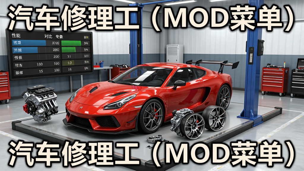 汽车修理工MOD菜单版车辆改装界面,画面中一辆跑车停在改装工位上,周围展示着发动机、轮毂、尾翼等可选配件,屏幕一侧显示性能参数对比图表,采用3D写实风格,光线明亮,画质清晰,图片中带有文字“汽车修理工(MOD菜单)”