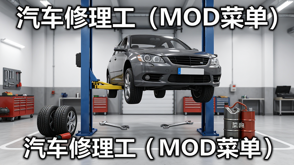 汽车修理工MOD菜单版游戏主界面预览图,画面中央是一辆被举升机抬起的轿车,周围摆放着扳手、轮胎、机油桶等维修工具,背景是明亮的现代化汽修车间,整体采用3D写实渲染风格,构图居中,细节丰富,画质清晰干净,无多余元素,图片中带有文字“汽车修理工(MOD菜单)”