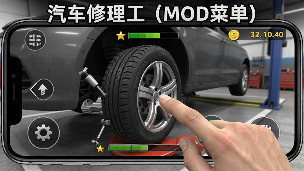 汽车修理工MOD菜单版手机端操作界面截图,画面展示玩家在手机上横屏操作游戏,手指正在点击拆卸汽车轮胎,屏幕显示维修进度和金币数量,背景为汽修车间,采用3D写实风格,画质清晰,图片中带有文字“汽车修理工(MOD菜单)”