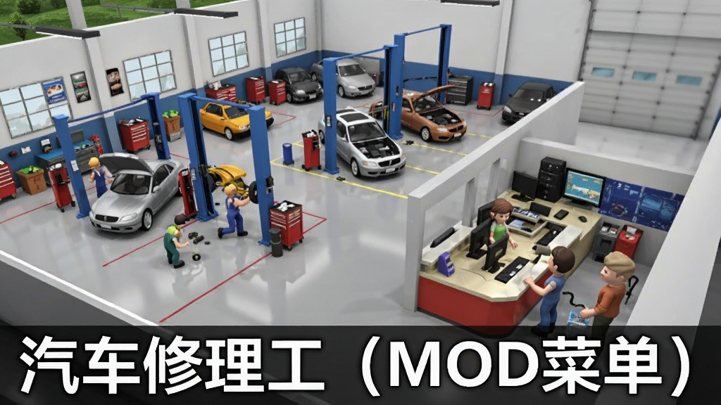 汽车修理工MOD菜单版修车厂经营全景图,画面展示一个大型汽修车间,多个工位上停着待修车辆,技师NPC正在忙碌工作,前台有客户排队,采用3D俯视视角,风格写实明亮,画质清晰,图片中带有文字“汽车修理工(MOD菜单)”