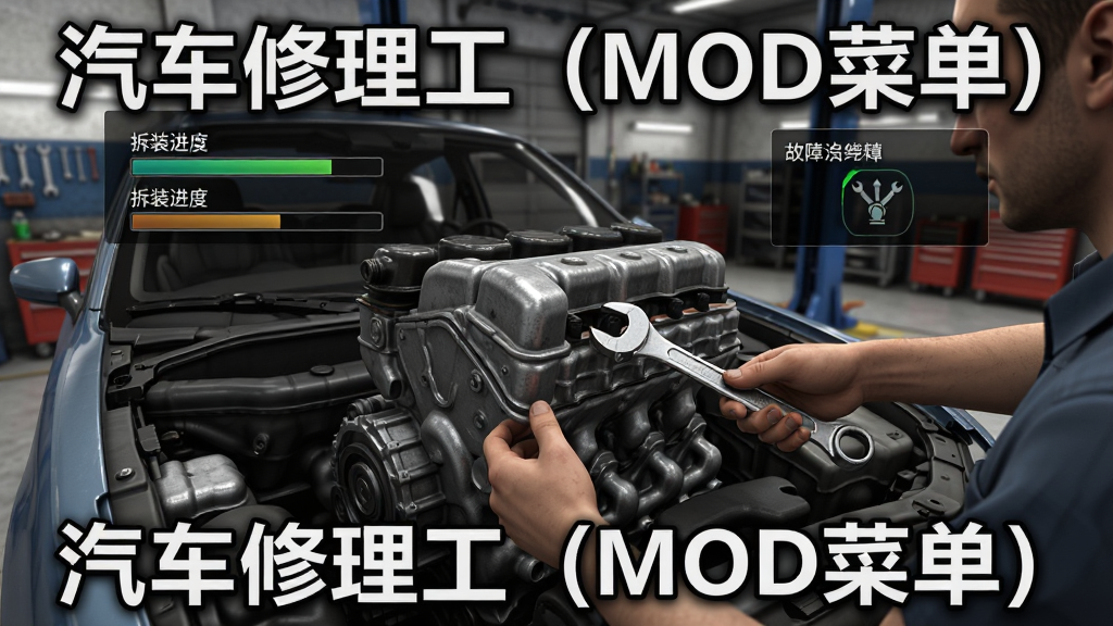 汽车修理工MOD菜单版游戏内维修操作界面,画面中玩家正在使用扳手拆卸汽车发动机部件,屏幕上显示零件拆装进度条和故障诊断提示,背景为汽修车间,采用3D写实风格,细节精致,画质清晰,图片中带有文字“汽车修理工(MOD菜单)”