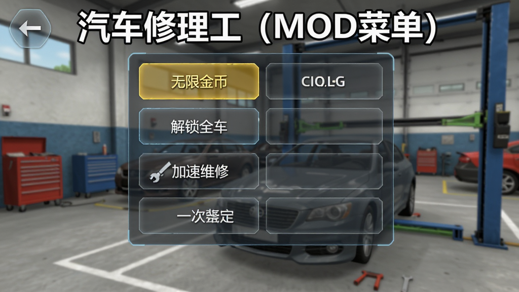 汽车修理工MOD菜单版功能菜单界面,画面中显示一个半透明的悬浮菜单面板,上面列有无限金币、解锁全车、加速维修等选项按钮,背景是游戏中的汽修厂场景,采用简洁现代的UI设计风格,画质清晰干净,图片中带有文字“汽车修理工(MOD菜单)”
