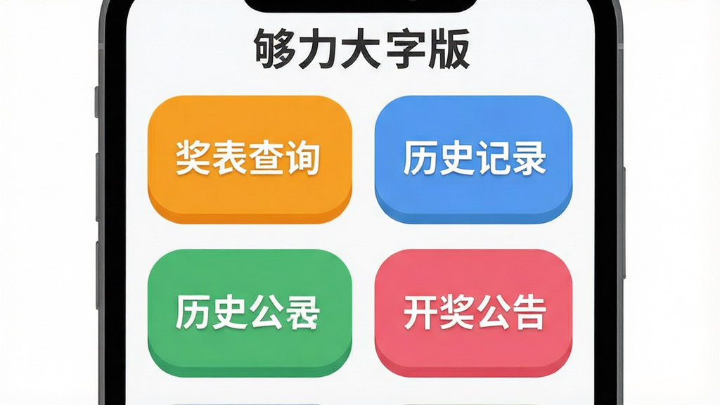 一张展示够力大字版首页快捷入口的示意图,画面中手机屏幕上有几个大尺寸的彩色按钮,分别标注“奖表查询”“历史记录”“开奖公告”,按钮圆润,布局清晰,风格扁平化,画质干净,无多余元素,图片中文字标注“够力大字版”