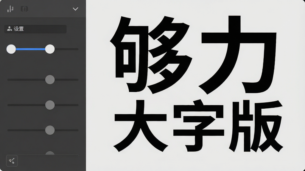 一张展示够力大字版字体调节功能的界面截图,画面左侧是设置滑块,右侧是放大后的文字预览效果,文字清晰锐利,背景为浅灰色,风格简洁,画质干净,无多余元素,图片中文字标注“够力大字版”