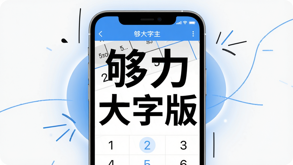 一张展示够力大字版主界面的手机预览图,画面中央是手机屏幕,屏幕内显示放大的数字表格和清晰的大字体文字,界面配色以白底黑字和蓝色高亮为主,手机周围有简洁的线条装饰和柔和光晕,风格现代简约,细节清晰,画质干净,无多余元素,图片中文字标注“够力大字版”