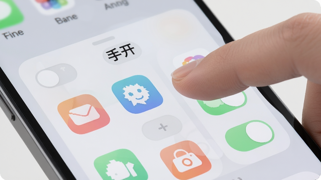 手机屏幕展示“手开”的快捷入口聚合面板,面板上整齐排列着多个应用图标与功能开关,图标采用圆角矩形设计,配色柔和,背景为浅灰色,画面中有手指轻触屏幕的示意动作,整体风格现代简洁,画质高清,无杂乱元素