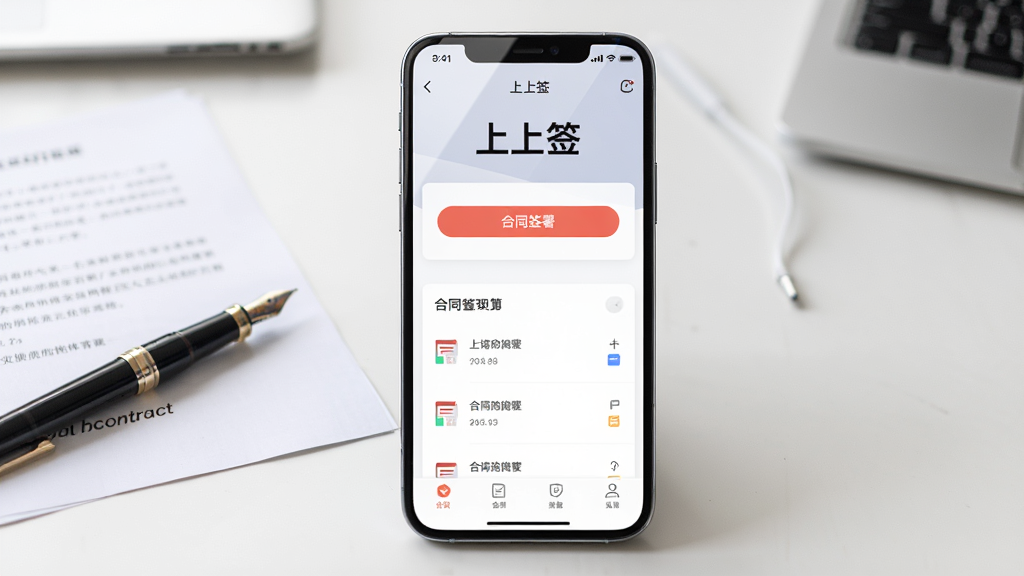 画面主体是一部智能手机,屏幕上显示“上上签”应用界面,界面中有合同签署按钮和文档列表;背景为简洁的办公桌面,布局上手机居中,左侧放置一支钢笔和一份纸质合同;排版采用扁平化UI风格,细节上手机屏幕有轻微光泽,背景虚化处理;画质清晰,干净,无多余元素