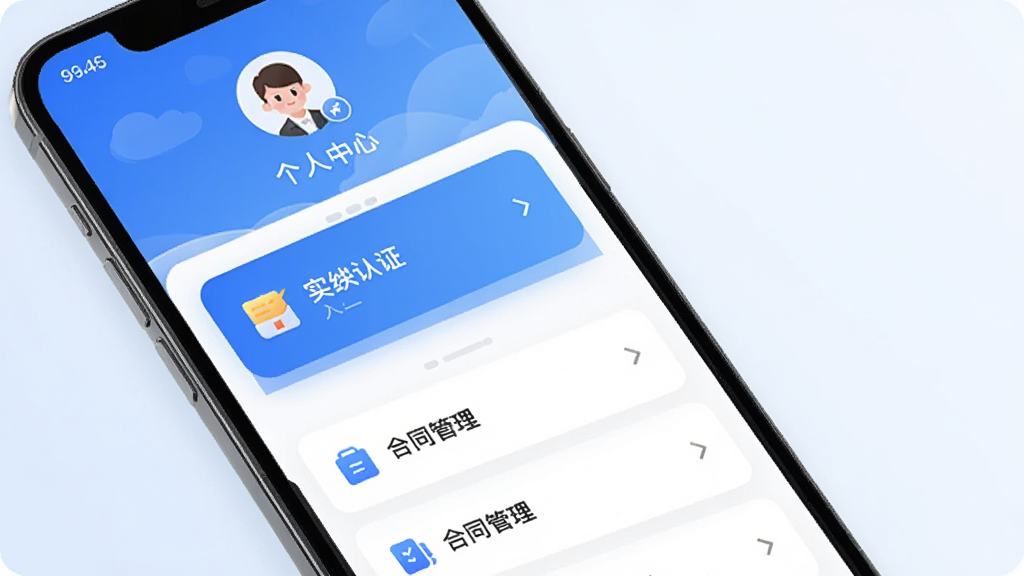 画面主体是“上上签”手机应用的个人中心页面,屏幕显示实名认证入口和合同管理菜单,布局上头像在顶部,功能菜单纵向排列;排版采用卡片式分组,风格为清爽蓝色调;细节上菜单项带有图标和箭头,背景为浅色渐变;画质清晰,干净,无多余元素