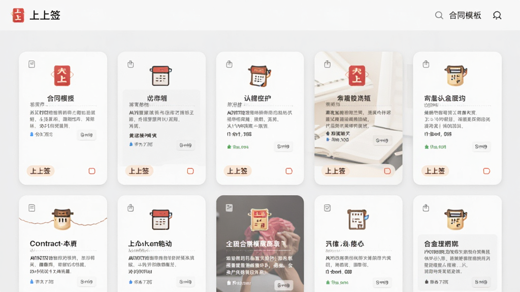 画面主体是“上上签”应用中的合同模板库界面,屏幕上排列着多份不同类别的合同卡片,布局采用网格状排列;排版清晰有序,风格为商务简约;细节上卡片带有图标和文字标签,背景为浅灰色;画质清晰,干净,无多余元素