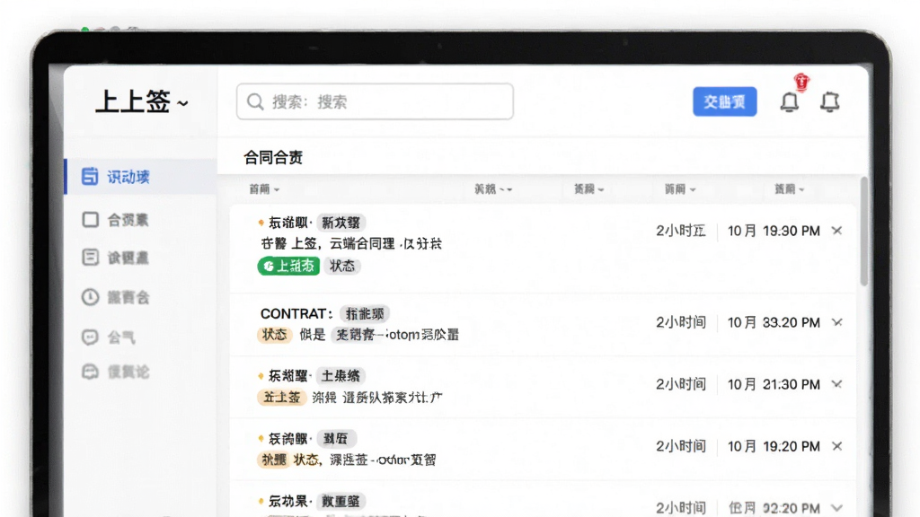 画面主体是“上上签”云端合同管理界面,屏幕上显示合同列表和搜索框,布局上搜索框在顶部,合同条目纵向排列;排版采用列表式设计,风格为清爽商务;细节上每条合同带有状态标签和时间信息,背景为白色;画质清晰,干净,无多余元素