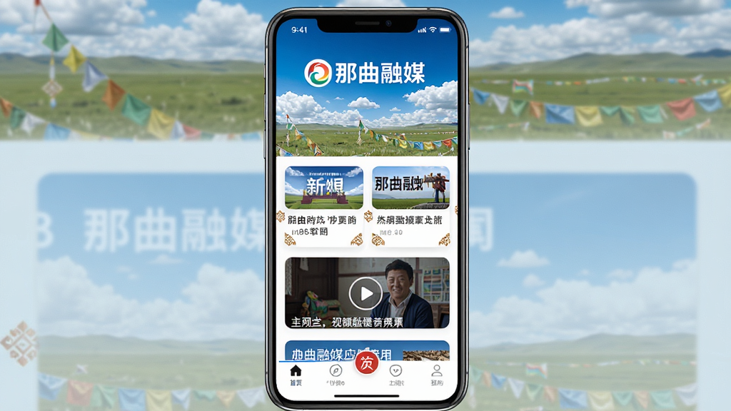 一部智能手机竖屏展示那曲融媒应用首页界面,页面顶部有那曲融媒文字标识和蓝天白云草原背景图,中部排列新闻资讯卡片和视频直播入口,底部为导航栏,整体布局清晰,风格简洁现代,细节包含藏式纹样装饰元素,画质高清,画面干净,无多余元素
