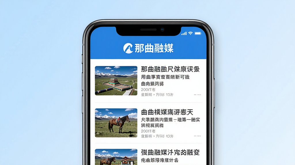 那曲融媒手机应用新闻列表页面截图风格,画面中央为手机屏幕,屏幕内显示多条新闻标题与缩略图,顶部有那曲融媒标志,背景为淡蓝色渐变,风格清新简约,细节清晰,画质干净,无多余元素