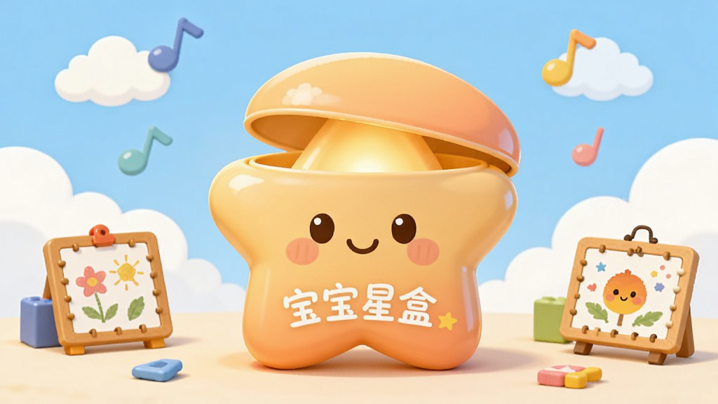 画面中央放置一个圆润的卡通星形盒子,盒子表面有柔和的橙黄渐变,盒盖微微打开,里面透出温暖光芒,周围散落积木、小画板、音符等儿童元素,背景为浅蓝色天空与白云,整体布局居中对称,风格为扁平卡通插画,细节干净无杂乱,画质清晰明亮,无多余元素,画面中可出现文字“宝宝星盒”