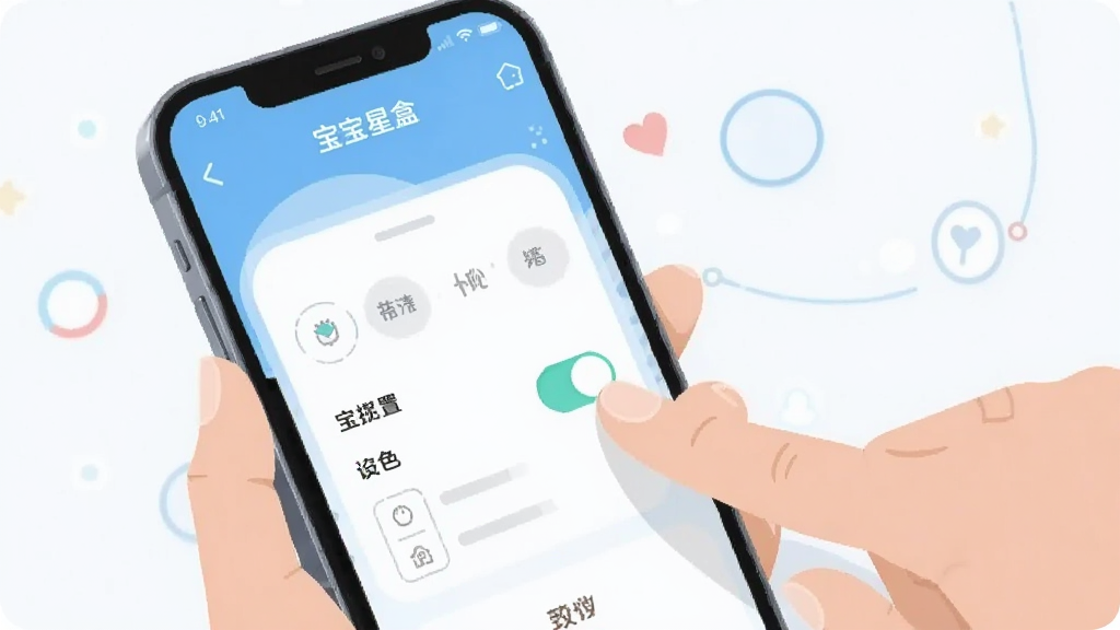画面展示一部手机屏幕,屏幕上显示宝宝星盒的设置界面,旁边有家长手指点击权限开关,背景简洁,风格为扁平科技插画,布局清晰,细节干净,画质明亮,画面中可出现文字“宝宝星盒”