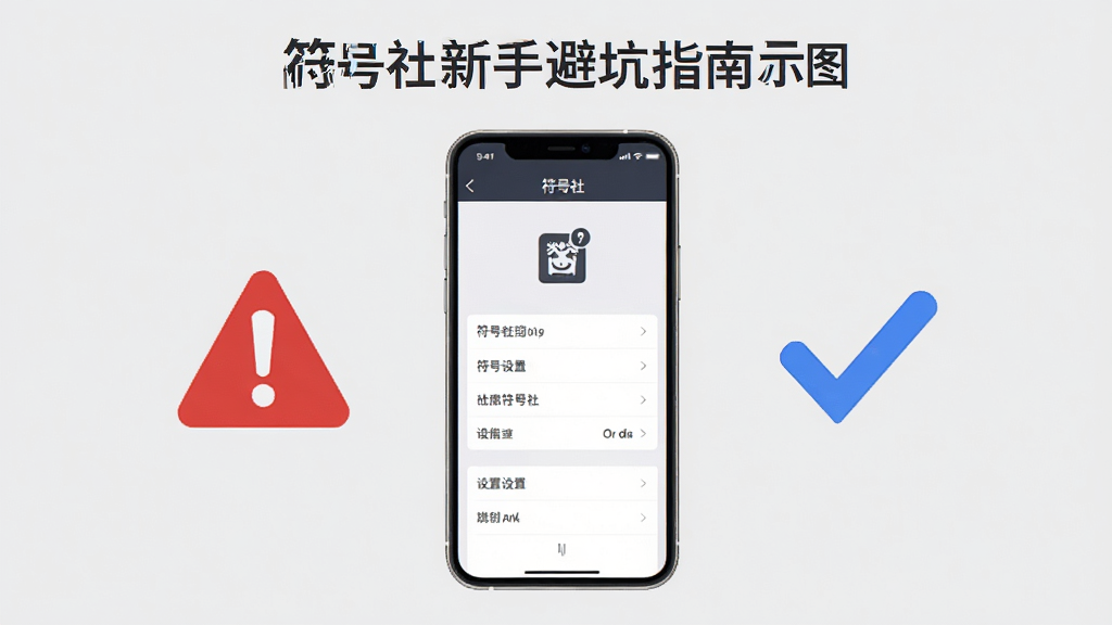 符号社新手避坑指南示意图,画面展示一部手机屏幕,屏幕上显示符号社的设置界面,旁边有红色警告图标和蓝色对勾图标,背景是浅灰色,风格简洁明了,细节上图标清晰,画质高清,干净无多余元素。