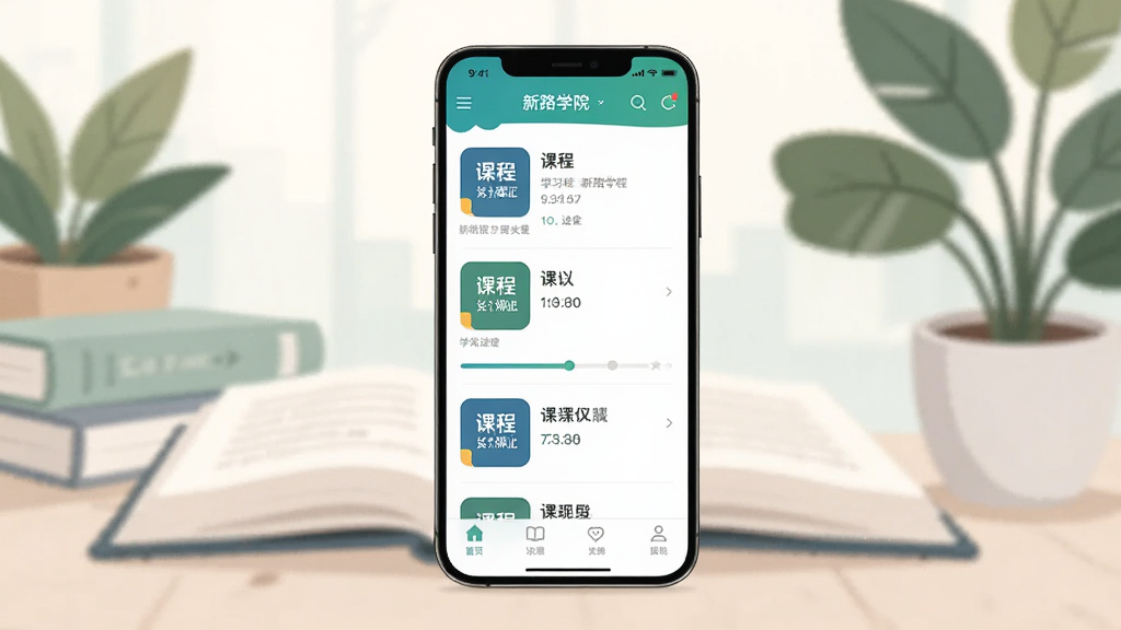 主体为一部智能手机,屏幕中显示新路学院APP的课程列表界面,布局为手机居中放置,背景为柔和的书本与绿植元素,排版简洁清晰,风格为现代扁平化插画,细节包括课程封面图标、学习进度条、底部导航栏,画质高清,干净,无多余元素