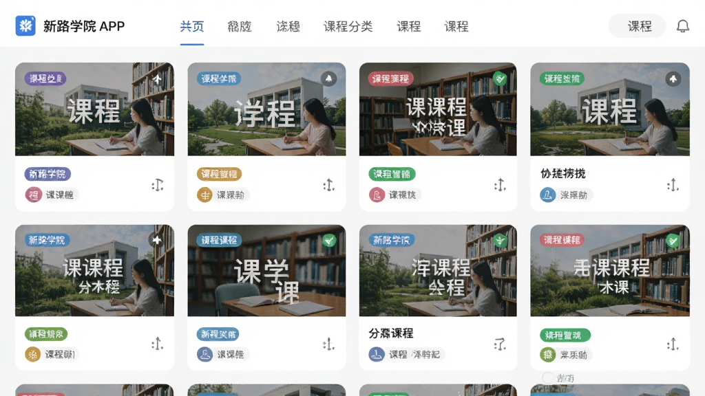 主体为新路学院APP的课程分类页面,布局为网格状排列的课程卡片,排版整齐有序,风格为清新教育类UI设计,细节包括不同颜色的课程标签、课程封面缩略图、分类导航栏,画质高清,干净,无多余元素