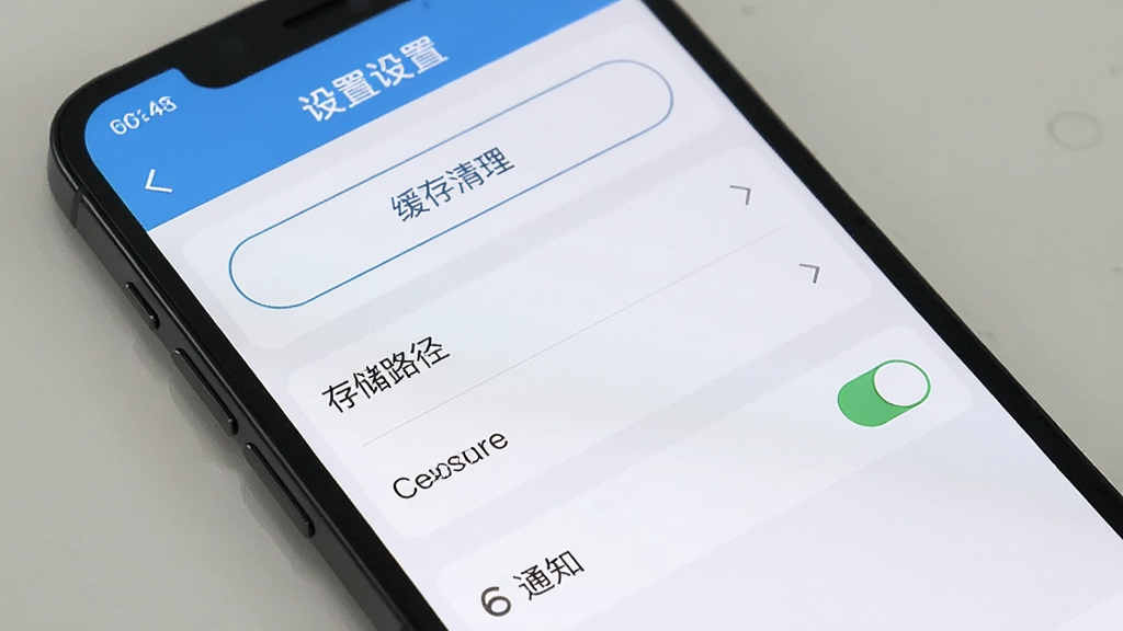 主体为手机屏幕显示新路学院APP的设置页面,布局为纵向列表,排版清晰,风格为浅色系设置界面,细节包括缓存清理按钮、存储路径选项、通知开关,画质高清,干净,无多余元素