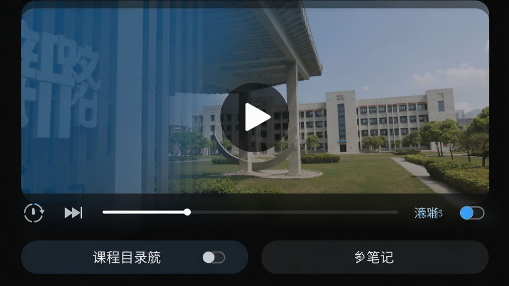 主体为新路学院APP的视频播放界面,布局为横屏播放器居中,排版下方为课程目录与笔记按钮,风格为深色模式播放器界面,细节包括倍速调节按钮、进度条、清晰度切换图标,画质高清,干净,无多余元素