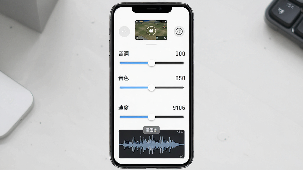 一张展示吃鸡王者变声器参数调节界面的图片,主体为手机屏幕中显示多个调节滑块,布局为纵向排列的参数面板,排版为顶部预览按钮与下方音调、音色、速度滑块,风格为简约商务风,细节包含数值显示、重置按钮、波形预览,画质清晰,干净,无多余元素