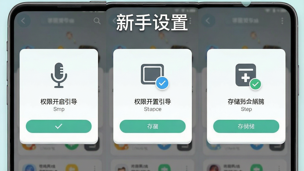 一张展示吃鸡王者变声器新手设置步骤的图片,主体为手机屏幕中显示权限开启引导页面,布局为分步截图排列,排版为顶部标题“新手设置”与下方三个步骤卡片,风格为清新浅色,细节包含麦克风图标、悬浮窗图标、存储图标与勾选状态,画质清晰,干净,无多余元素
