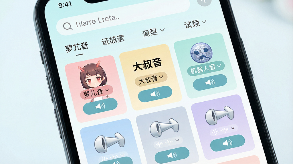 一张展示吃鸡王者变声器音效模板库的图片,主体为手机屏幕中排列整齐的音效卡片,布局为网格状分布,排版为顶部搜索栏与分类标签,风格为清新浅色系,细节包含萝莉音、大叔音、机器人音等文字标签与试听按钮,画质清晰,干净,无多余元素