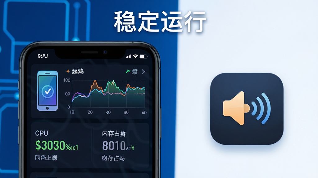 一张展示吃鸡王者变声器低占用稳定运行的图片,主体为手机性能监控面板与变声器图标并列,布局为左右对比,排版为上方标题“稳定运行”,下方展示CPU与内存占用数据,风格为科技蓝调,细节包含性能曲线、手机图标、变声器图标,画质清晰,干净,无多余元素