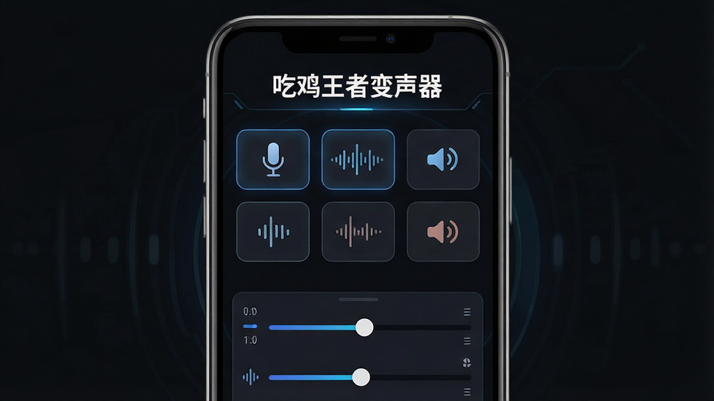 一张展示吃鸡王者变声器软件界面的图片,主体为手机屏幕中显示变声器控制面板,布局为居中手机正面视图,排版为上方软件名称“吃鸡王者变声器”标题,下方排列多个音效按钮,风格为科技感深色主题,细节包含麦克风图标、音波纹理、参数调节滑块,画质清晰,干净,无多余元素