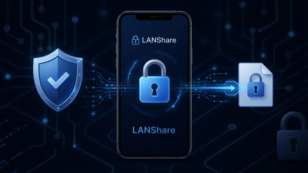 LANShare安全加密传输概念图,主体为手机屏幕显示加密锁与传输中的文件,布局为居中构图,排版简洁,风格为安全科技风,细节包括盾牌图标、加密锁、数据流线条,画质高清,画面干净,无多余元素